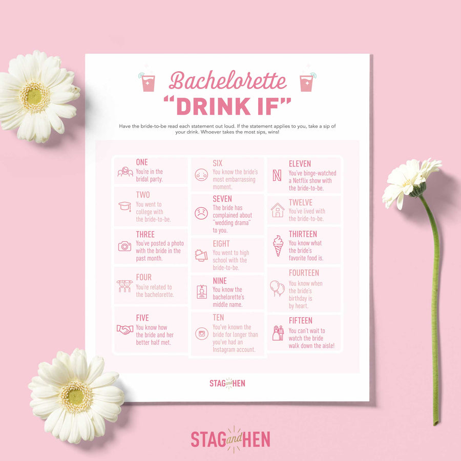 Free Bachelorette Party Games - Drink If - Printable PDF - Digital Download