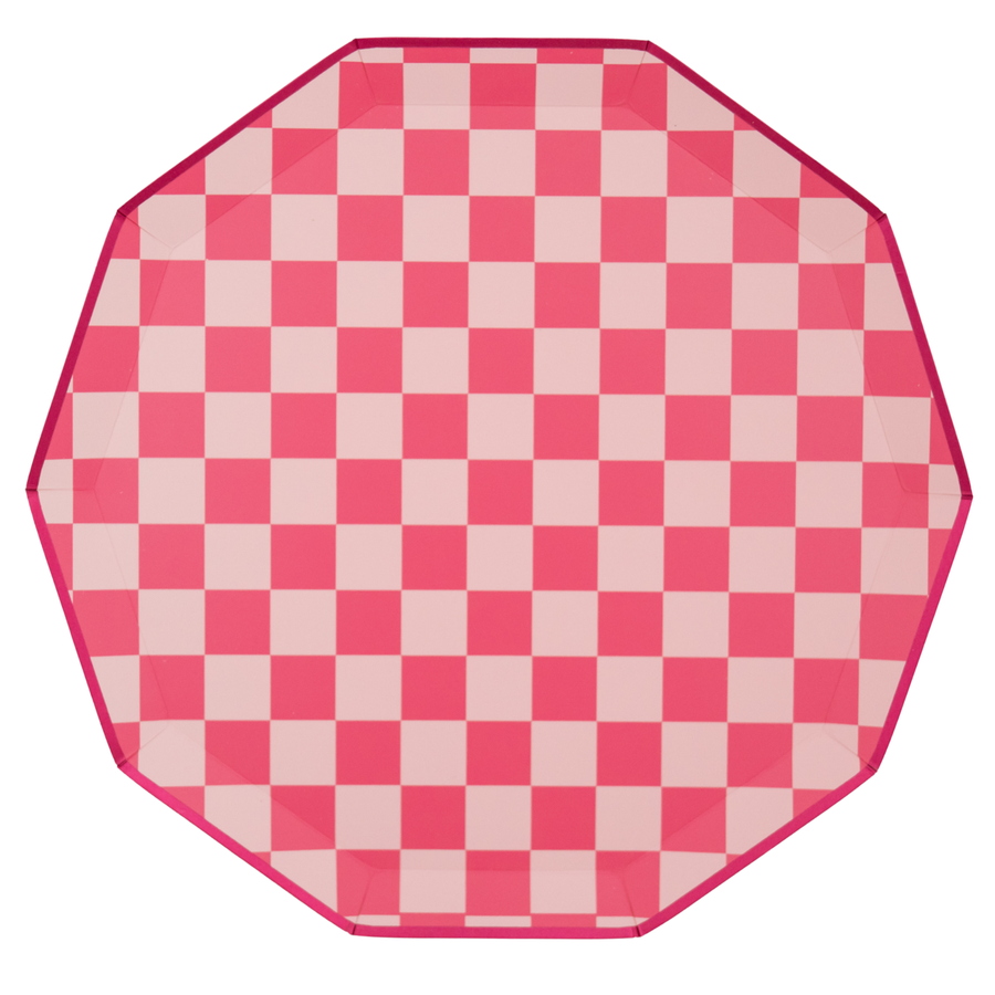 Pink Checkered Paper Plates (8 Plates) | Bachelorette Party Plates & Tableware