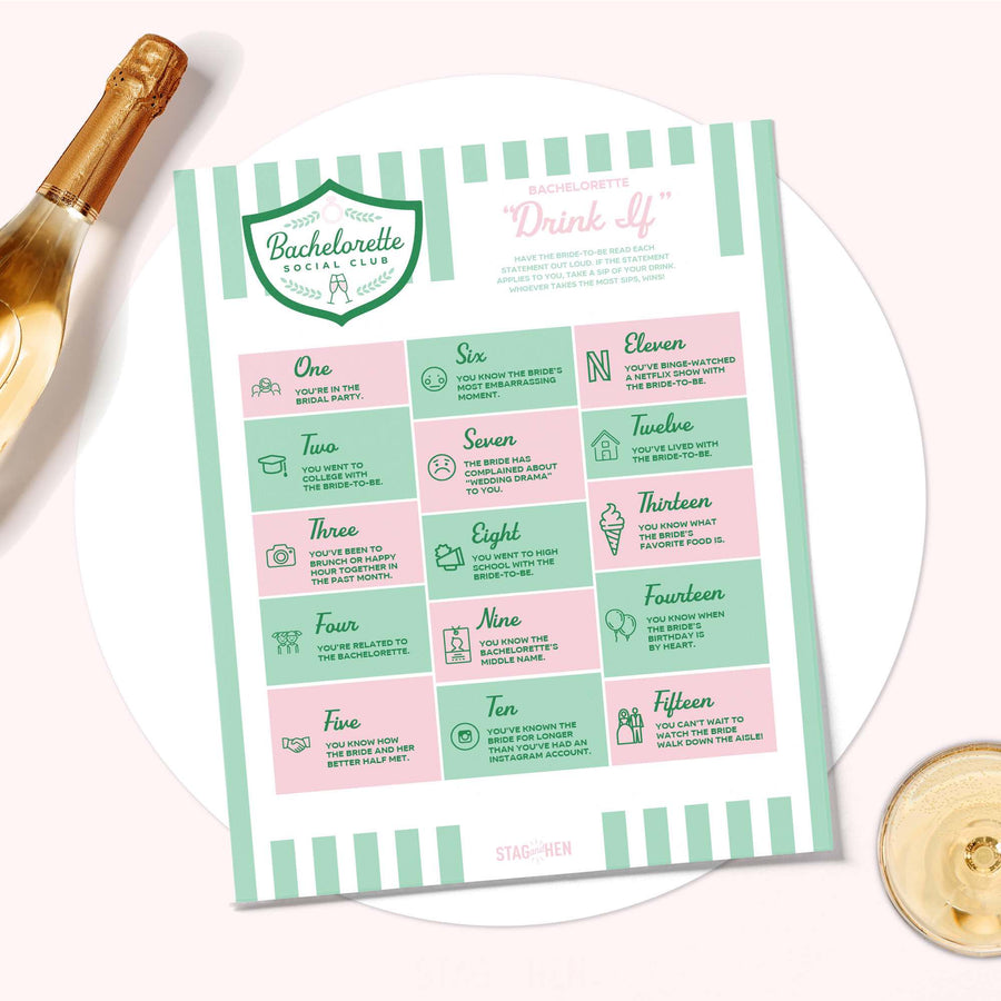 Bachelorette Social Club Bachelorette Party Games and Activities | Printable PDF | Drink If Quiz