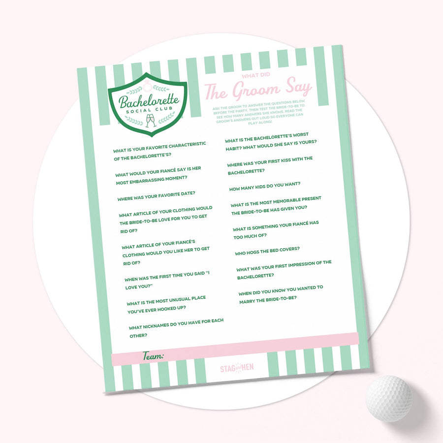 Bachelorette Social Club Bachelorette Party Games and Activities | Printable PDF | What Did The Groom Say? Quiz
