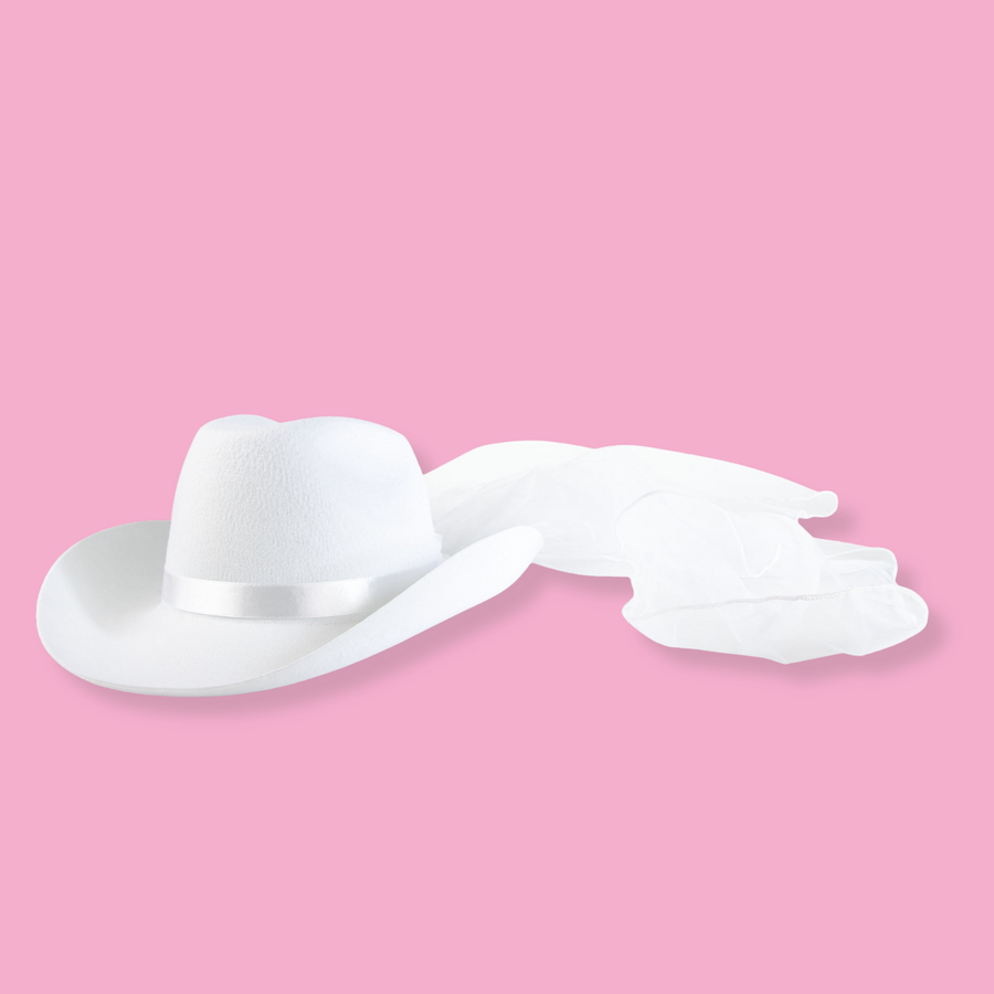 White Cowgirl Hat with Veil, Bachelorette Party Gift, Bridal Veil, Country Western Party Decor