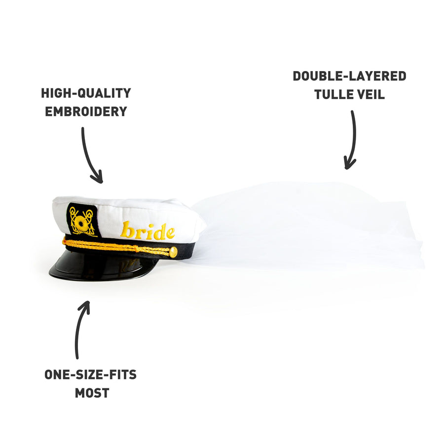 Nautical Sailor Captain Hat Bridal Veil for Bachelorette Party - Gold Bride Embroidery