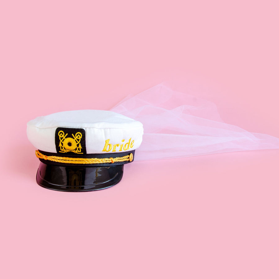 Nautical Sailor Captain Hat Bridal Veil for Bachelorette Party - Gold Bride Embroidery