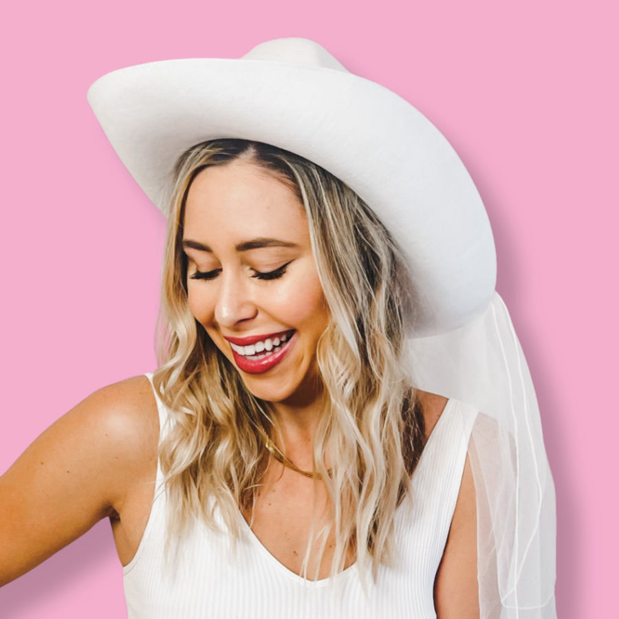 White Cowgirl Hat with Veil, Bachelorette Party Gift, Bridal Veil, Country Western Party Decor