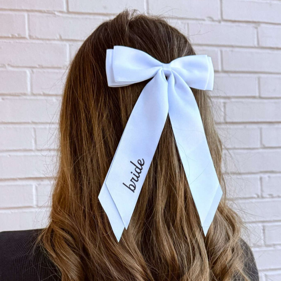 White Bride Bachelorette Party Bridesmaids Satin Hair Bows with Clip