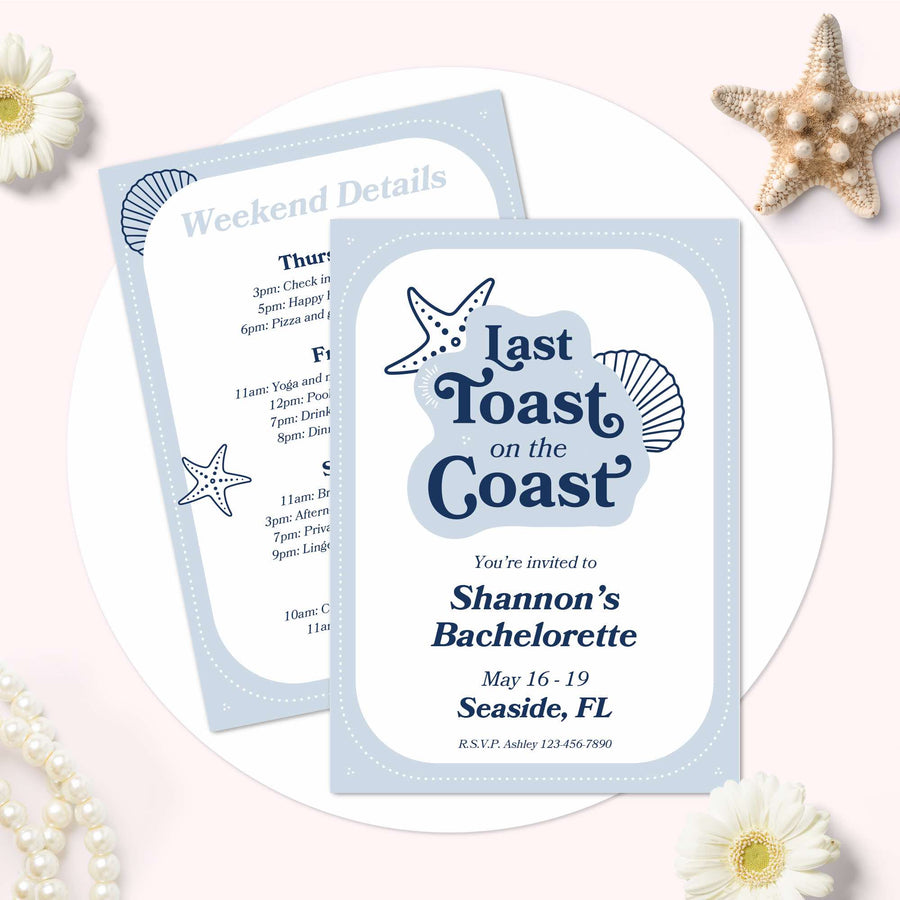 Last Toast On The Coast Editable Bachelorette Party Invitation with Itinerary