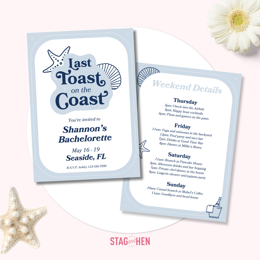 Last Toast On The Coast Editable Bachelorette Party Invitation with Itinerary