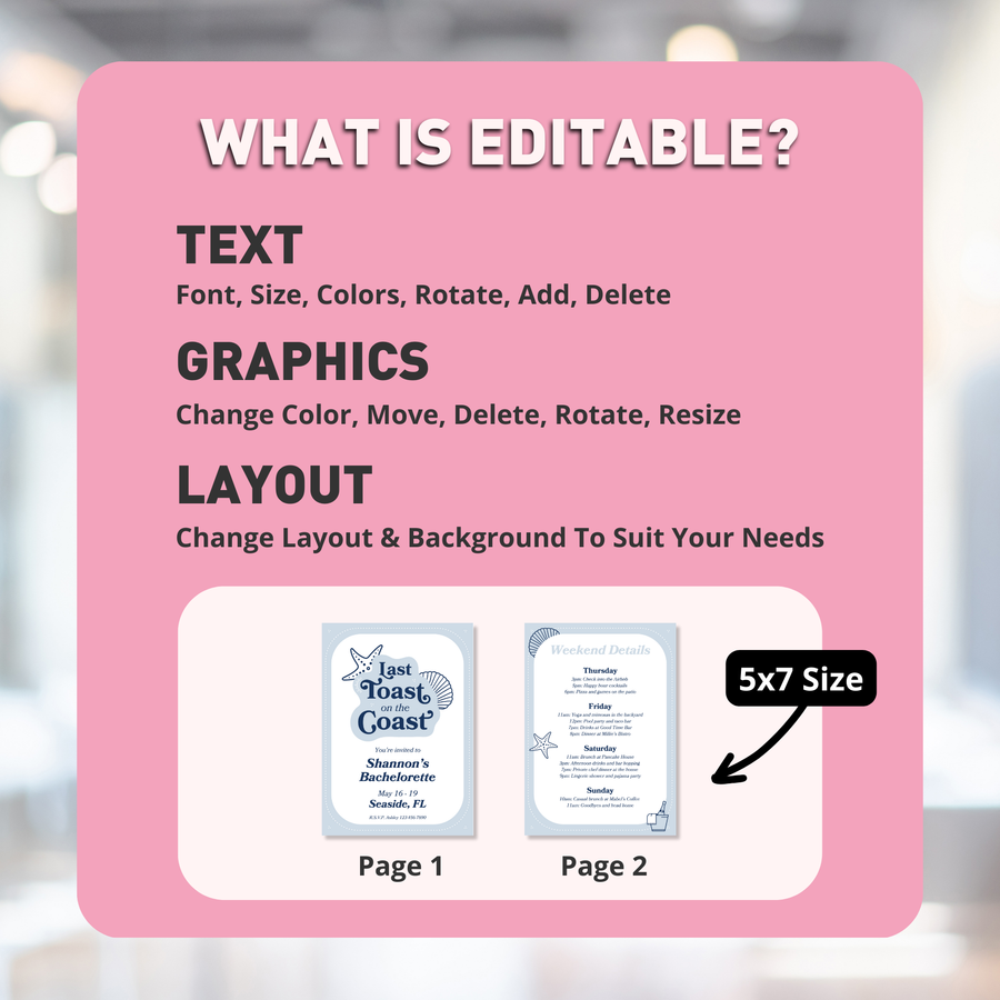 Last Toast On The Coast Editable Bachelorette Party Invitation with Itinerary