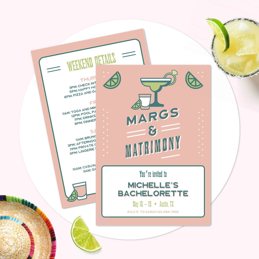 Margaritas & Matrimony Editable Bachelorette Party Invitation with Itinerary