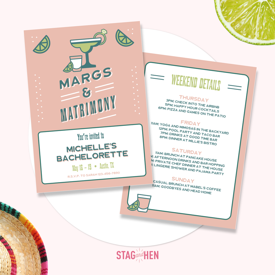 Margaritas & Matrimony Editable Bachelorette Party Invitation with Itinerary