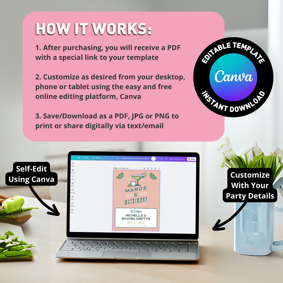 Margaritas & Matrimony Editable Bachelorette Party Invitation with Itinerary