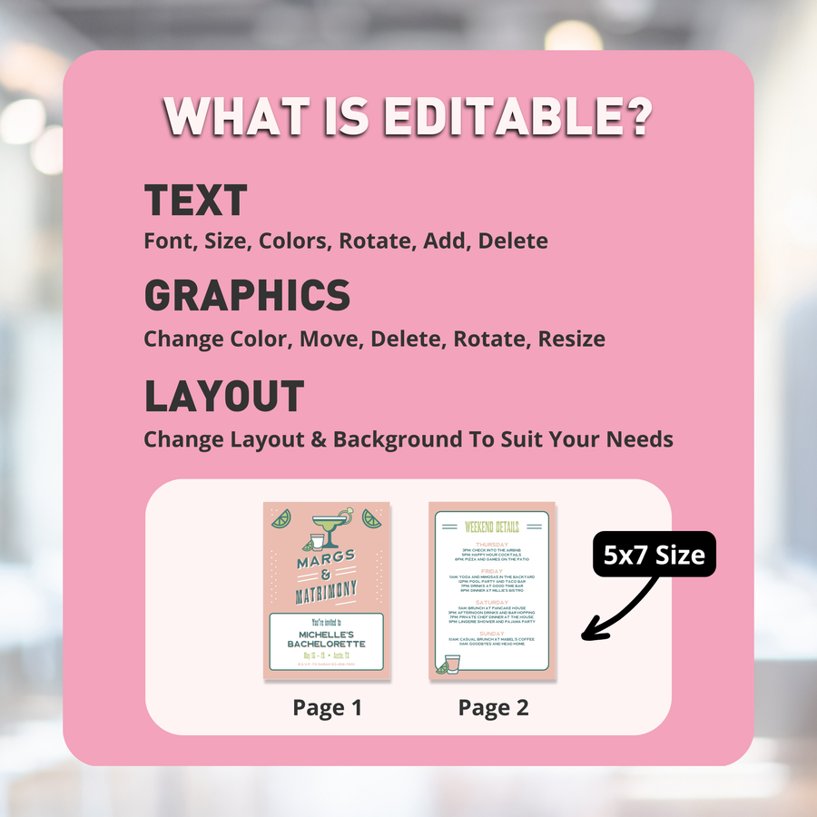 Margaritas & Matrimony Editable Bachelorette Party Invitation with Itinerary