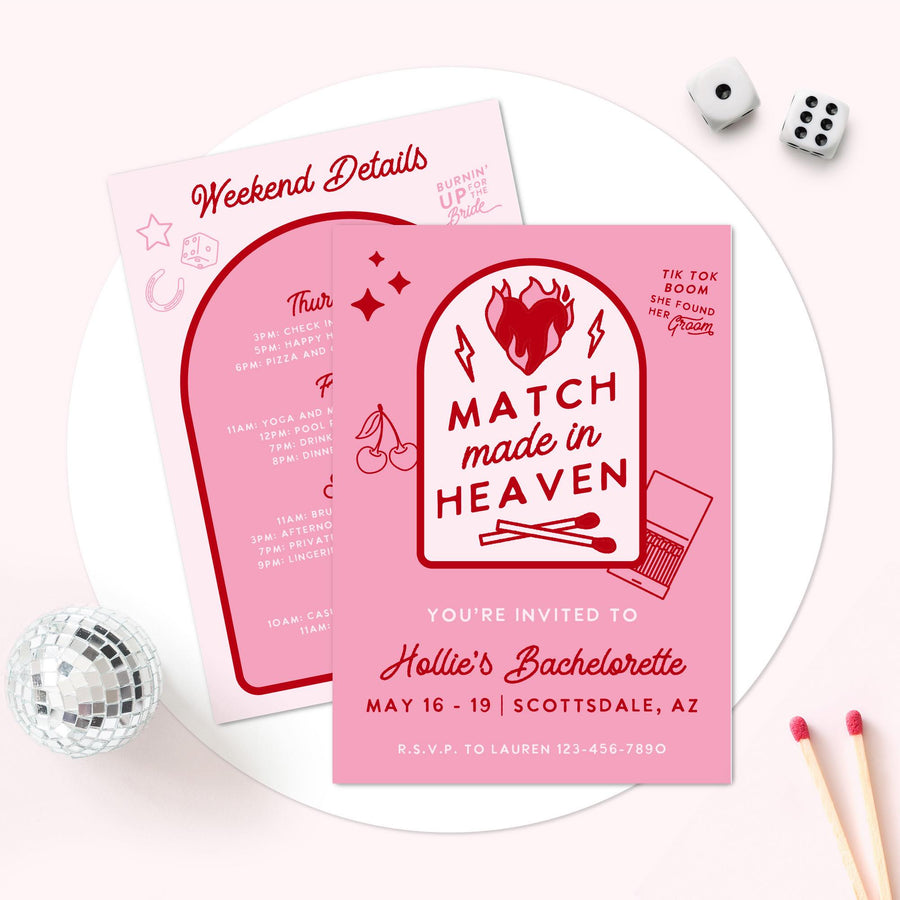Match Made In Heaven Editable Bachelorette Party Invitation with Itinerary