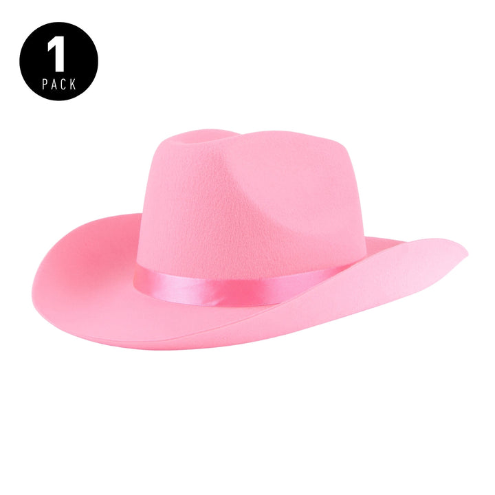 Pink cowboy hat with a satin band for bachelorette party, country western concert, or cowgirl themed event