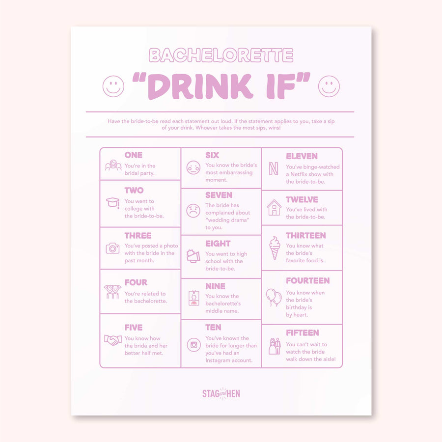 Printable Bachelorette Party Game PDFS - 90s Smile! You're Getting Married Theme - Digital Download - Drink If