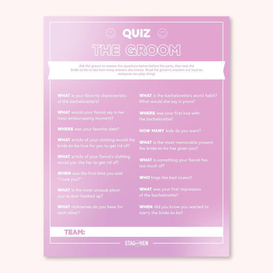 Printable Bachelorette Party Game PDFS - 90s Smile! You're Getting Married Theme - Quiz The Groom