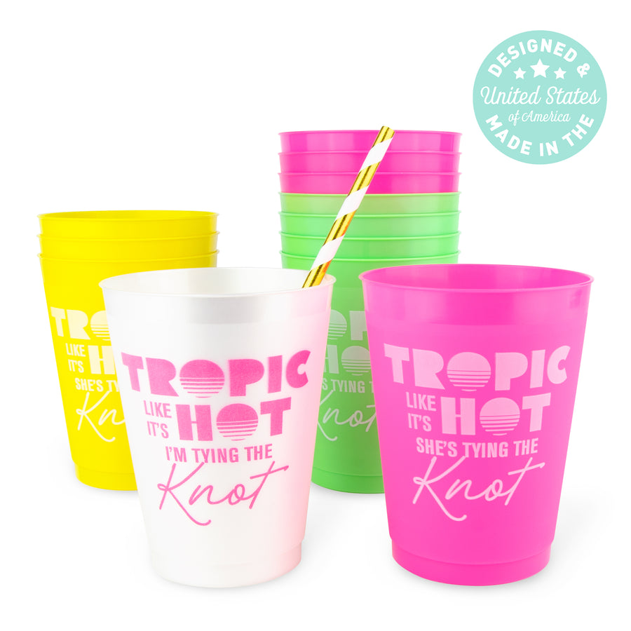 Retro 1990s Nineties Beach Bachelorette Party Cups, Drinkware | Tropic Like It's Hot, She's Tying The Knot