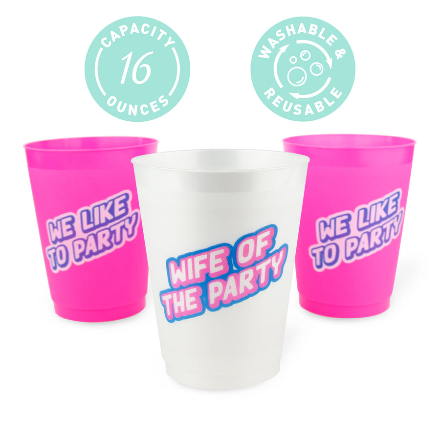 Bachelorette Party Cups, Drinkware, Tumblers | Wife Of The Party, We Like To Party, 1990s, Nineties, Neon Bachelorette Party