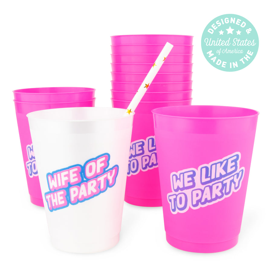 Bachelorette Party Cups, Drinkware, Tumblers | Wife Of The Party, We Like To Party, 1990s, Nineties, Neon Bachelorette Party