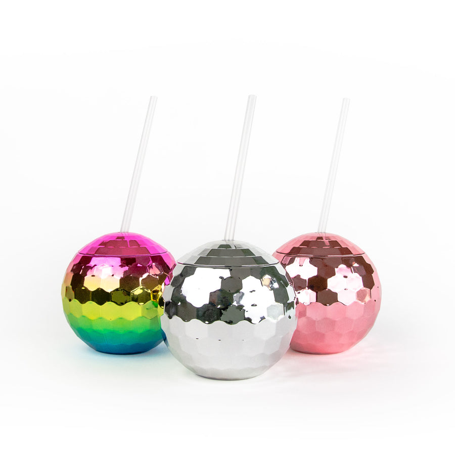 Silver Disco Ball Plastic Drink Cup with Lid & Reusable Straw - 16 oz