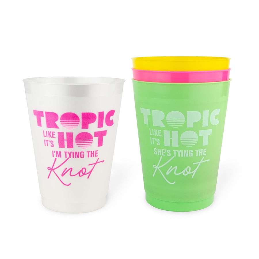 Retro 1990s Nineties Beach Bachelorette Party Cups, Drinkware | Tropic Like It's Hot, She's Tying The Knot
