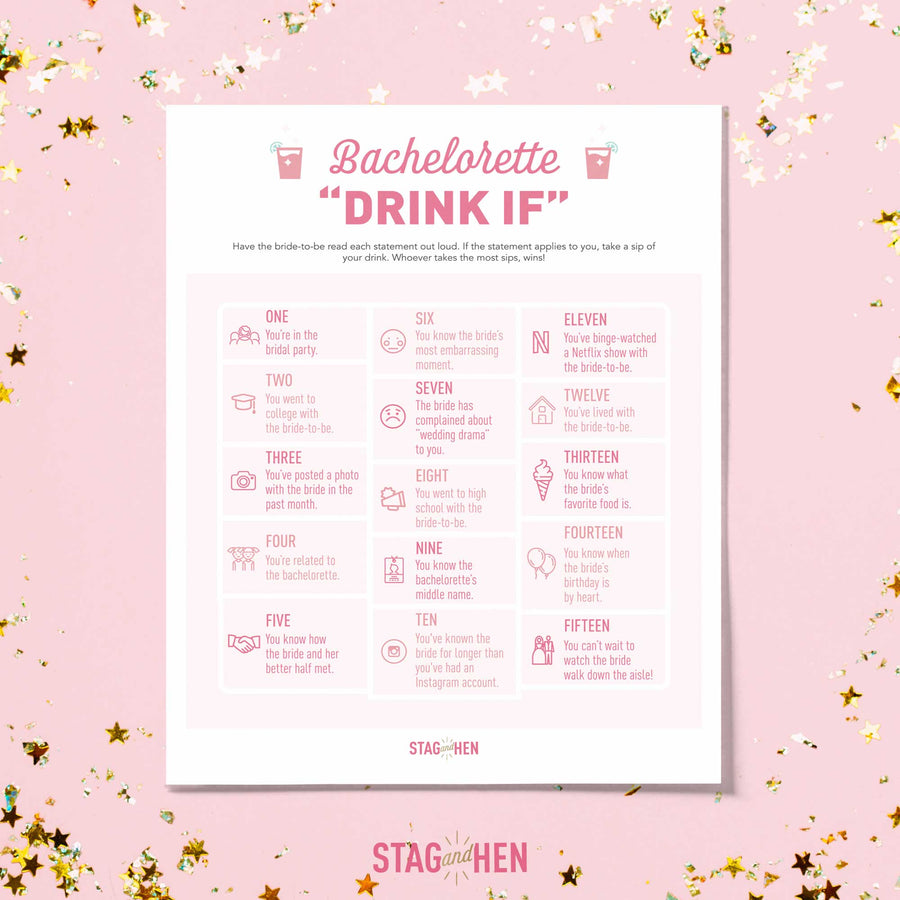 Free Bachelorette Party Games - Drink If - Printable PDF - Digital Download