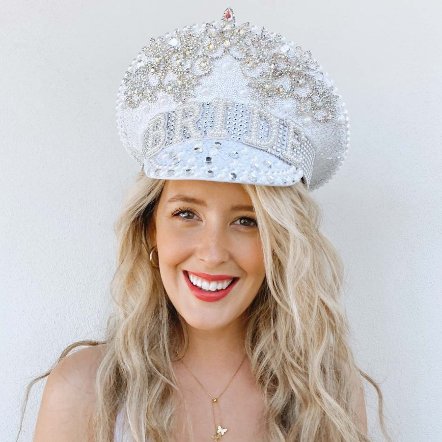 Bachelorette Party Military Bride To Be Hat | Disco, Jewel, Silver, Iridescent, Pearl, White Sequin Captain Hat | Bridal Gifts, Decor, Favors, Accessories 