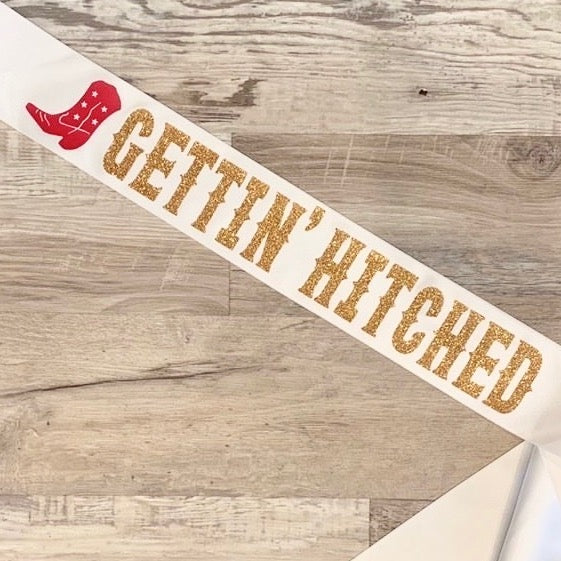 Gettin' Hitched Sash | Bachelorette Party | Wedding Bridal Sash | Satin Gold Glitter | Bridesmaid Gifts Decor Accessory