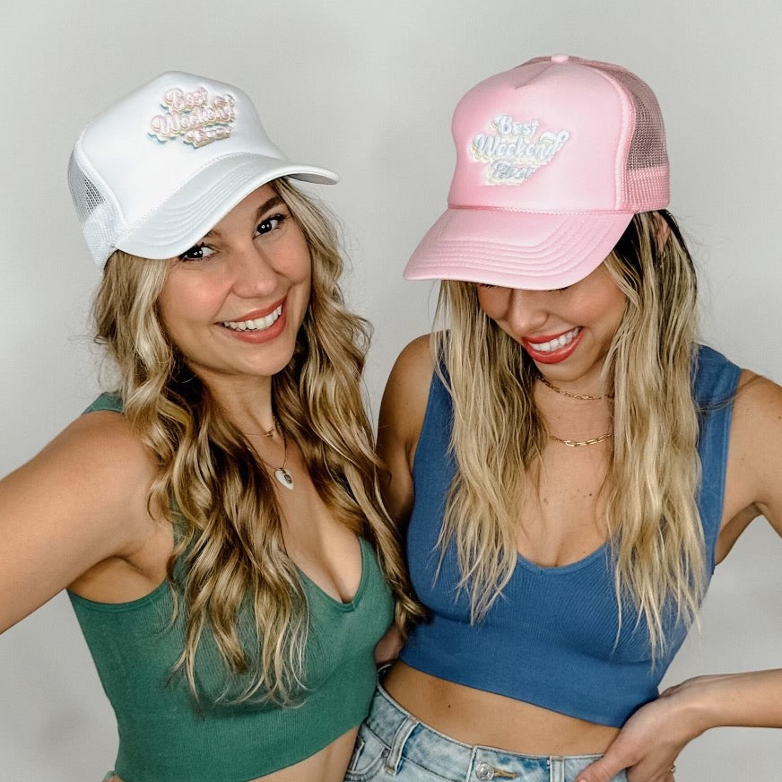 Bachelorette Party Trucker Hats - 1990s Bridesmaids Favors, Gifts Accessories - Pastel Pink Best Weekend Ever