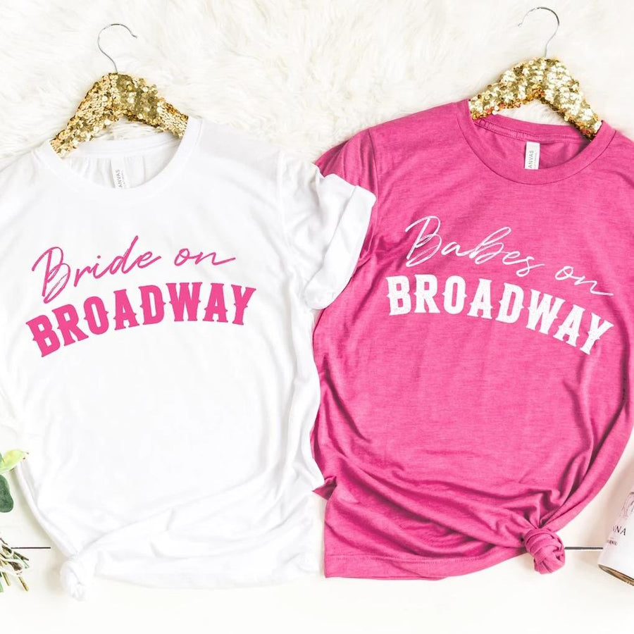 Babes on Broadway Bachelorette Party Shirts, Tanks, Apparel | Pink and White Bridesmaid Shirts