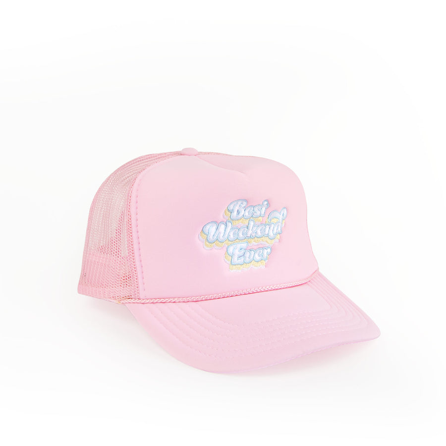 Bachelorette Party Trucker Hats - 1990s Bridesmaids Favors, Gifts Accessories - Pastel Pink Best Weekend Ever