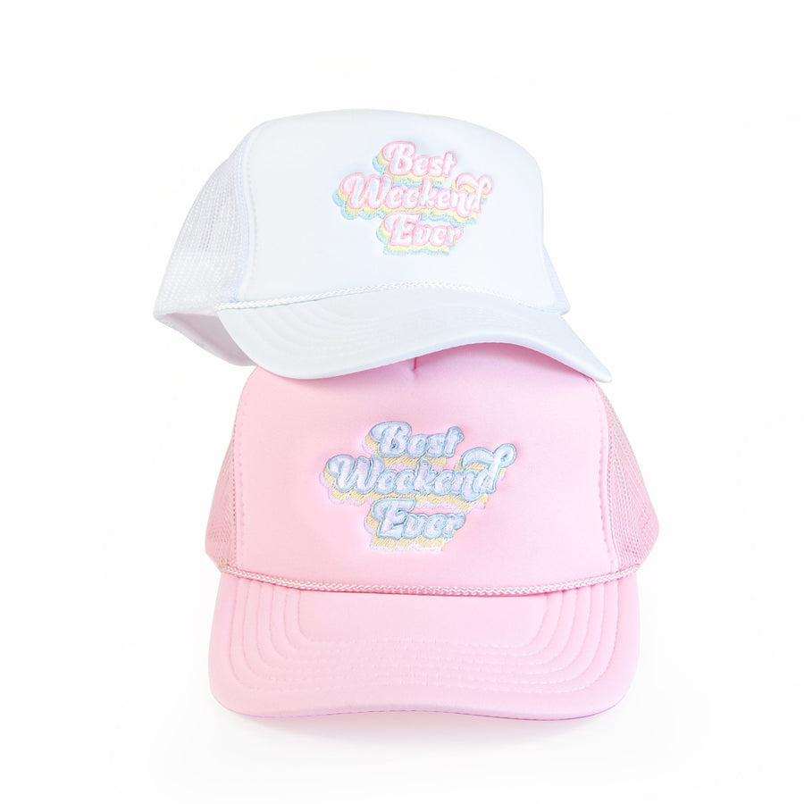 Bachelorette Party Trucker Hats - 1990s Bridesmaids Favors, Gifts Accessories - Pastel Pink Best Weekend Ever
