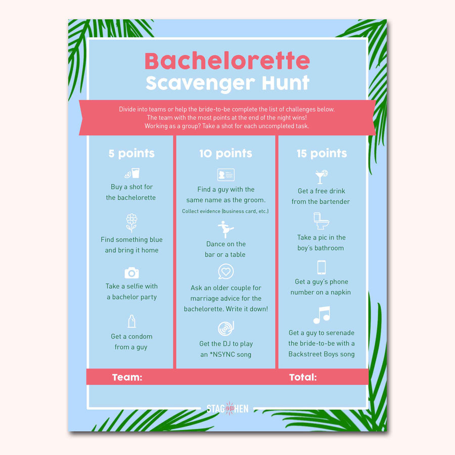 Bachelorette scavenger hunt game hen party announcement