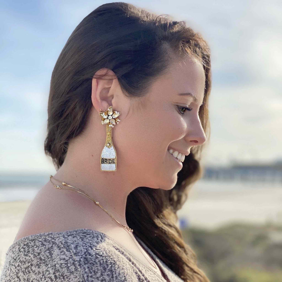 Bride Champagne Bottle Beaded Earrings