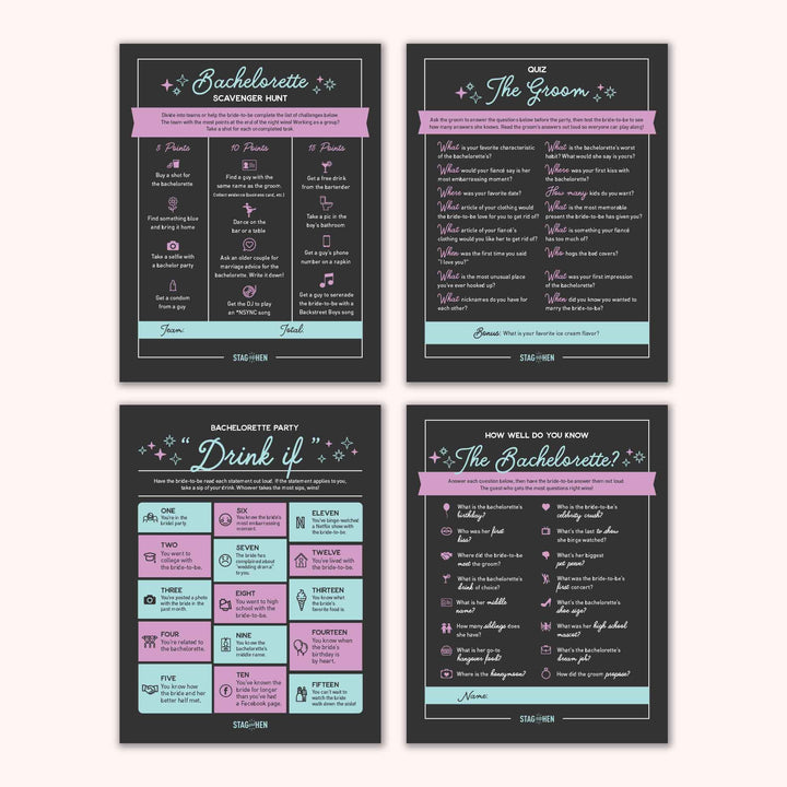 Printable Bachelorette Party Games | Bride's Last Disco, Groovy, 1960s | Scavenger Hunt, Groom Quiz, Bachelorette Quiz | Digital Download, PDF