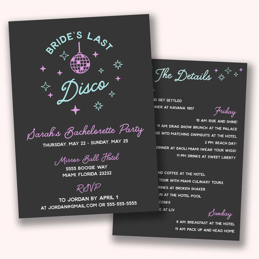 Bachelorette Party Invitation | Brides Last Disco Bachelorette Party Favors, Gifts, Accessories | Printable, Digital Download with Itinerary