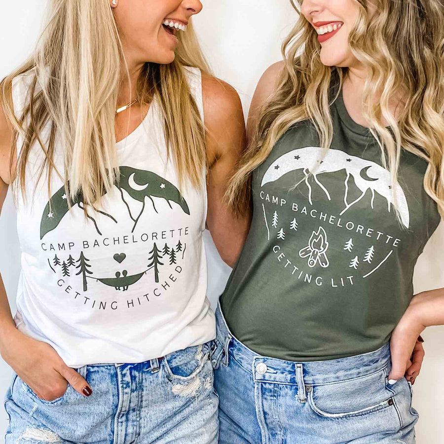 Camp Bachelorette Party Shirts, Tanks, Apparel | Army Green Bridesmaids Shirts for Mountain Bachelorette