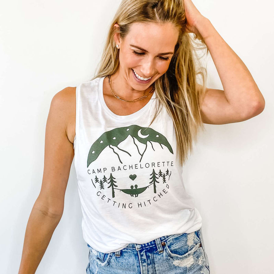 Camp Bachelorette Party Shirts, Tanks, Apparel | Army Green Bridesmaids Shirts for Mountain Bachelorette