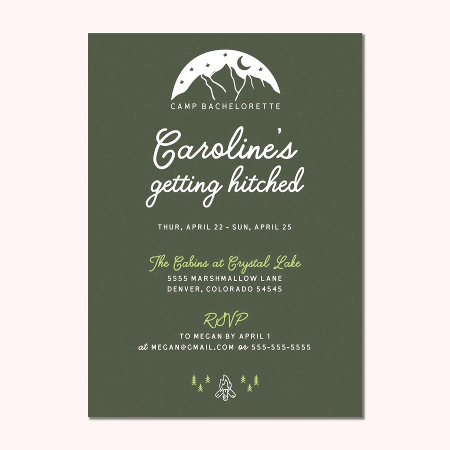 Camp Bachelorette Party Invitation in Forest Green, Front Side