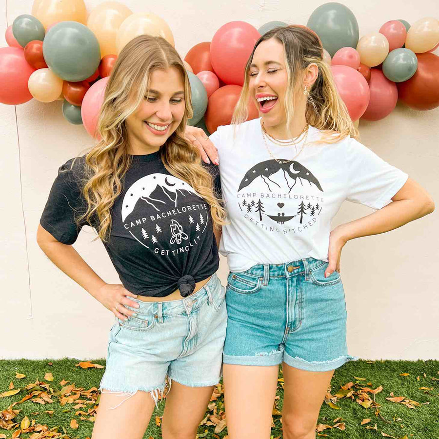 Camp Bachelorette Bridesmaids T-Shirts | Tri-blend Heather Black and White | Getting Lit, Getting Hitched