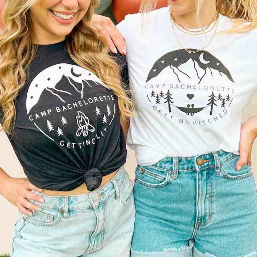 Camp Bachelorette Bridesmaids T-Shirts | Tri-blend Heather Black and White | Getting Lit, Getting Hitched