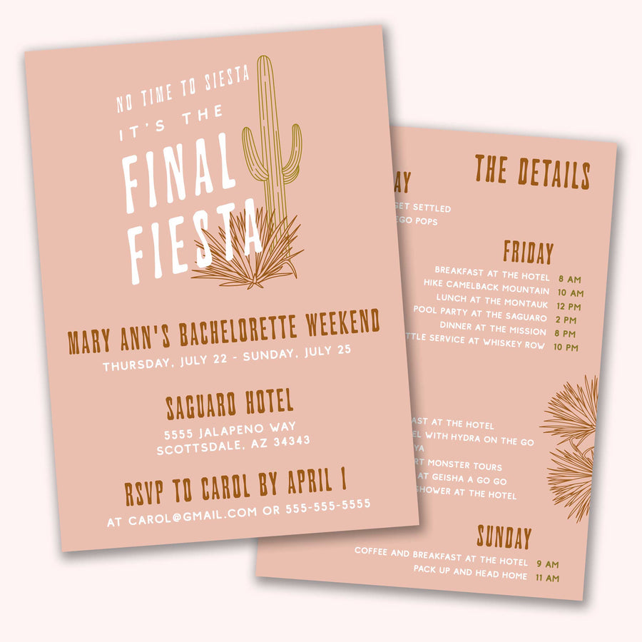 Final Fiesta Bachelorette Party Invitation | Customizable, Printable, Digital Mexican Southwestern Party Invitation with Itinerary