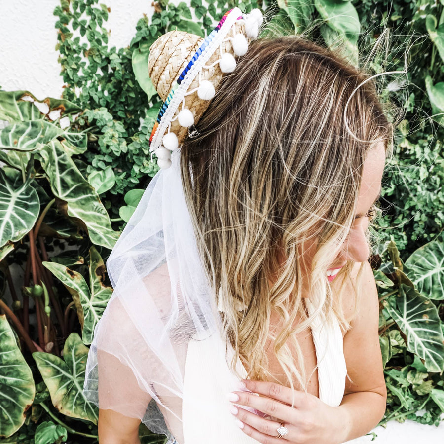 Mini Sombrero Veil with Pom Poms  Final Fiesta Bachelorette Party