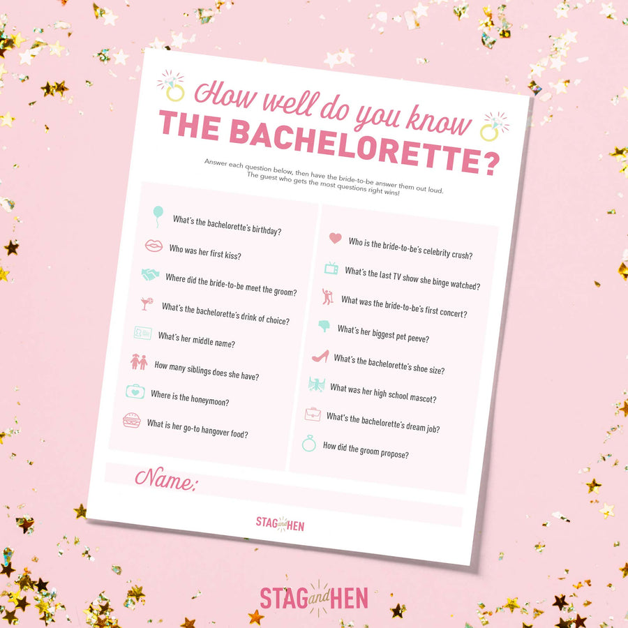 Free Bachelorette Party Games - How Well Do You Know The Bachelorette? Quiz - Printable PDF - Digital Download