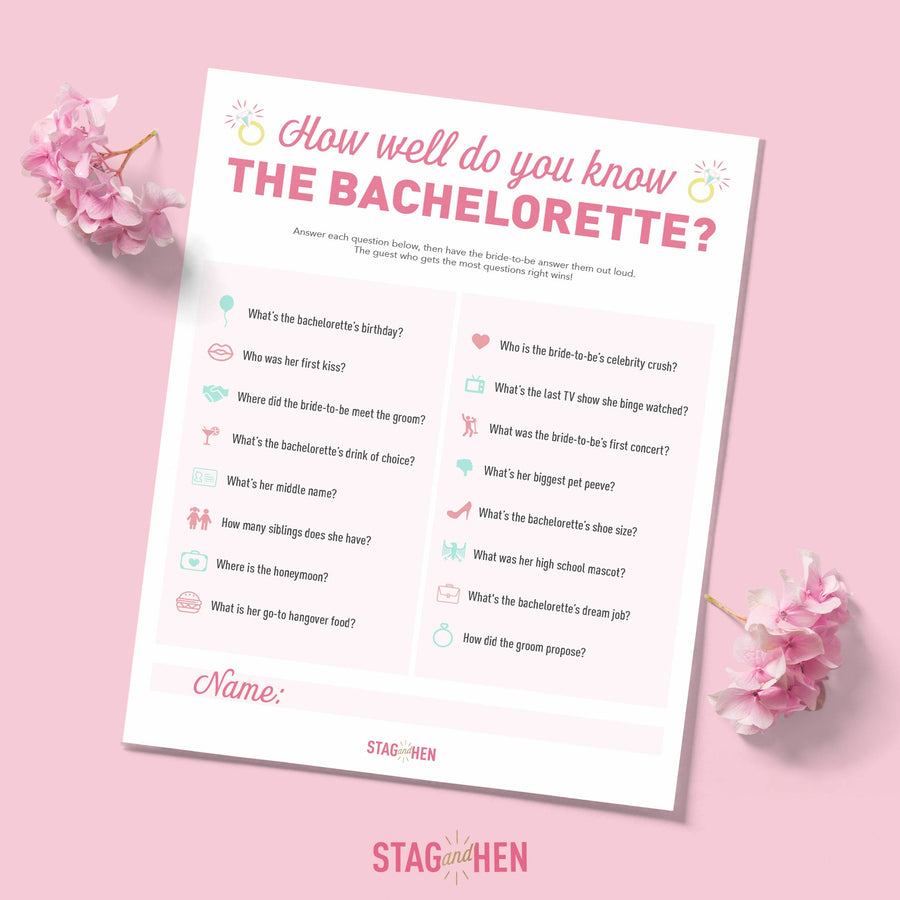 Free Bachelorette Party Games - How Well Do You Know The Bachelorette? Quiz - Printable PDF - Digital Download