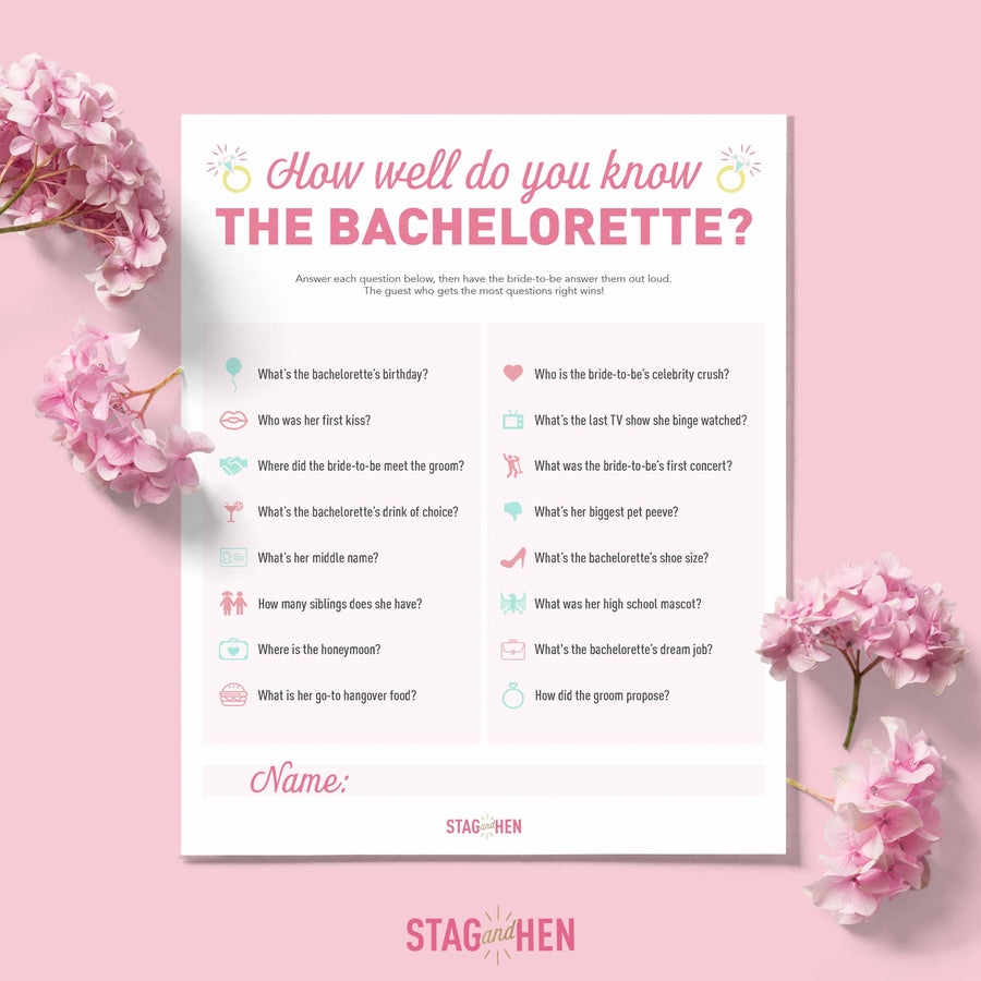 Free Bachelorette Party Games - How Well Do You Know The Bachelorette? Quiz - Printable PDF - Digital Download