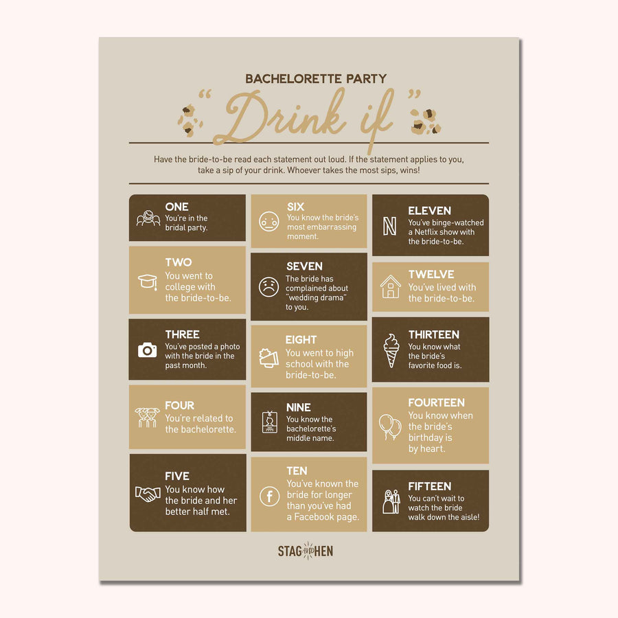 BACHELORETTE PARTY DRINKING GAME / HEN / PARTY GAMES DRINK IF PACK –  Bespoke Bride