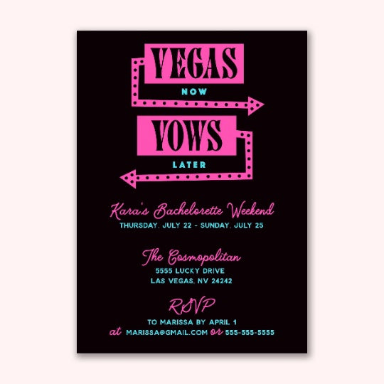 Vegas Now Vows Later Bachelorette Party Invitation | Las Vegas Customizebale, Printable, Digital Party Invitation with Itinerary