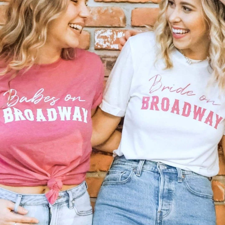 Babes on Broadway Bachelorette Party Shirts, Tanks, Apparel | Pink and White Bridesmaid Shirts