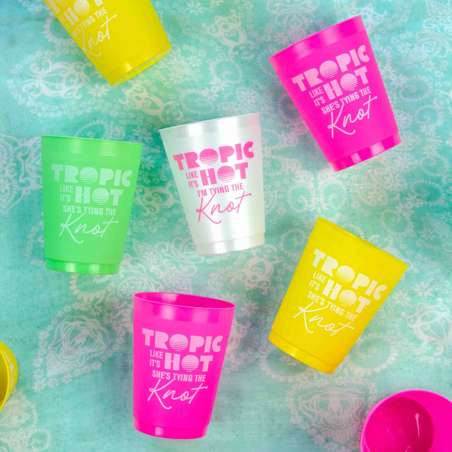 Retro 1990s Nineties Beach Bachelorette Party Cups, Drinkware | Tropic Like It's Hot, She's Tying The Knot